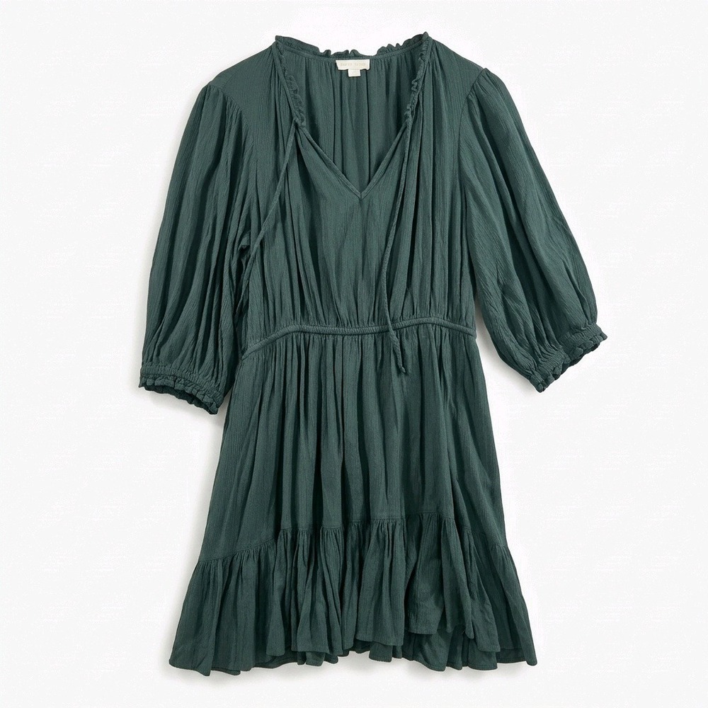 Knox Rose Dark Green Boho Ruffle V-Neck Mini Dress Puff Sleeve Size L